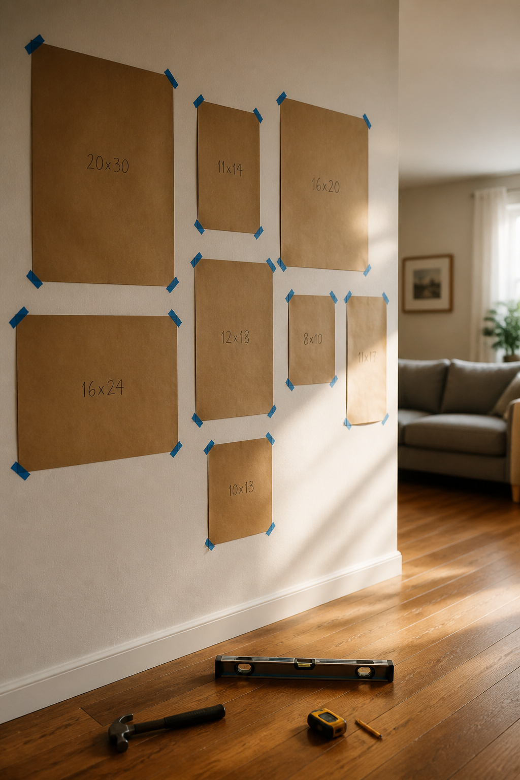 Kraft paper frame templates taped to a living room wall during gallery wall planning, with hammer, level, and stud finder on the floor below
