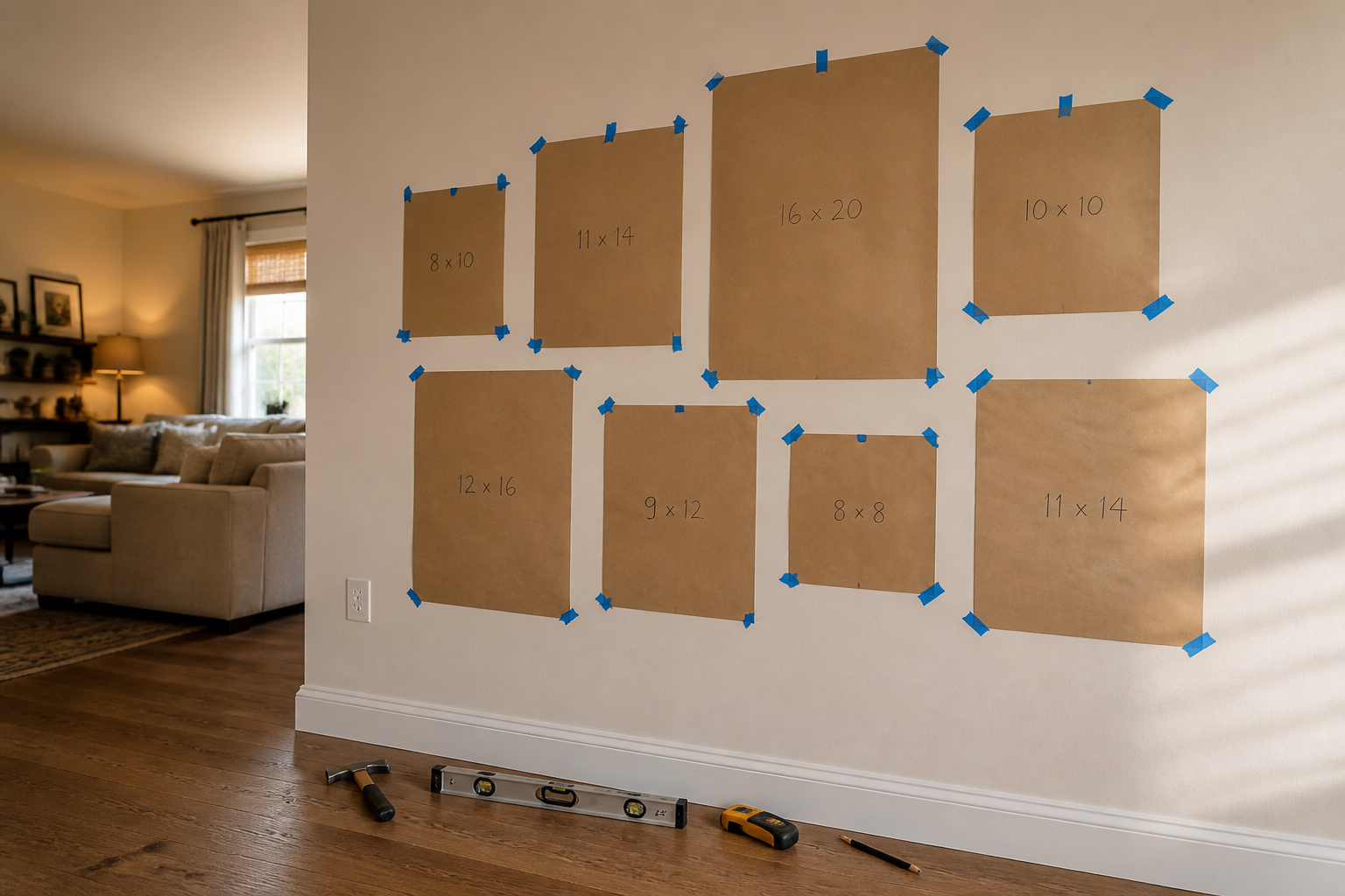 Kraft paper frame templates taped to a living room wall during gallery wall planning, with hammer, level, and stud finder on the floor below