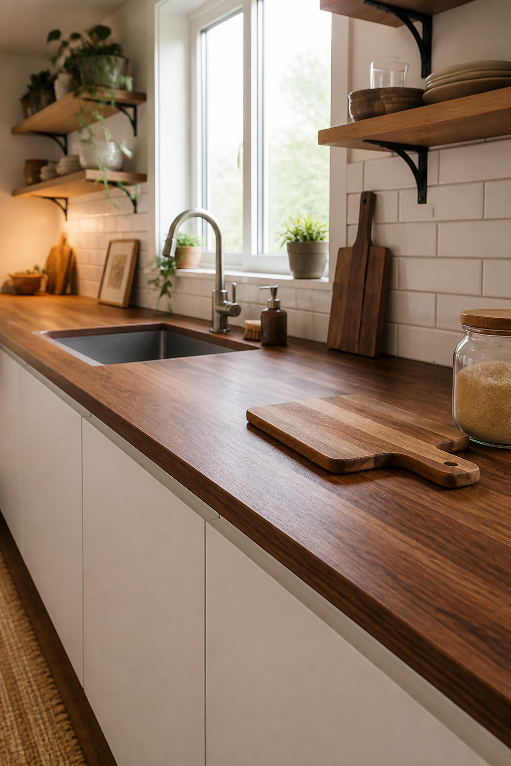 IKEA walnut veneer butcher block countertop installed over white flat-front kitchen cabinets