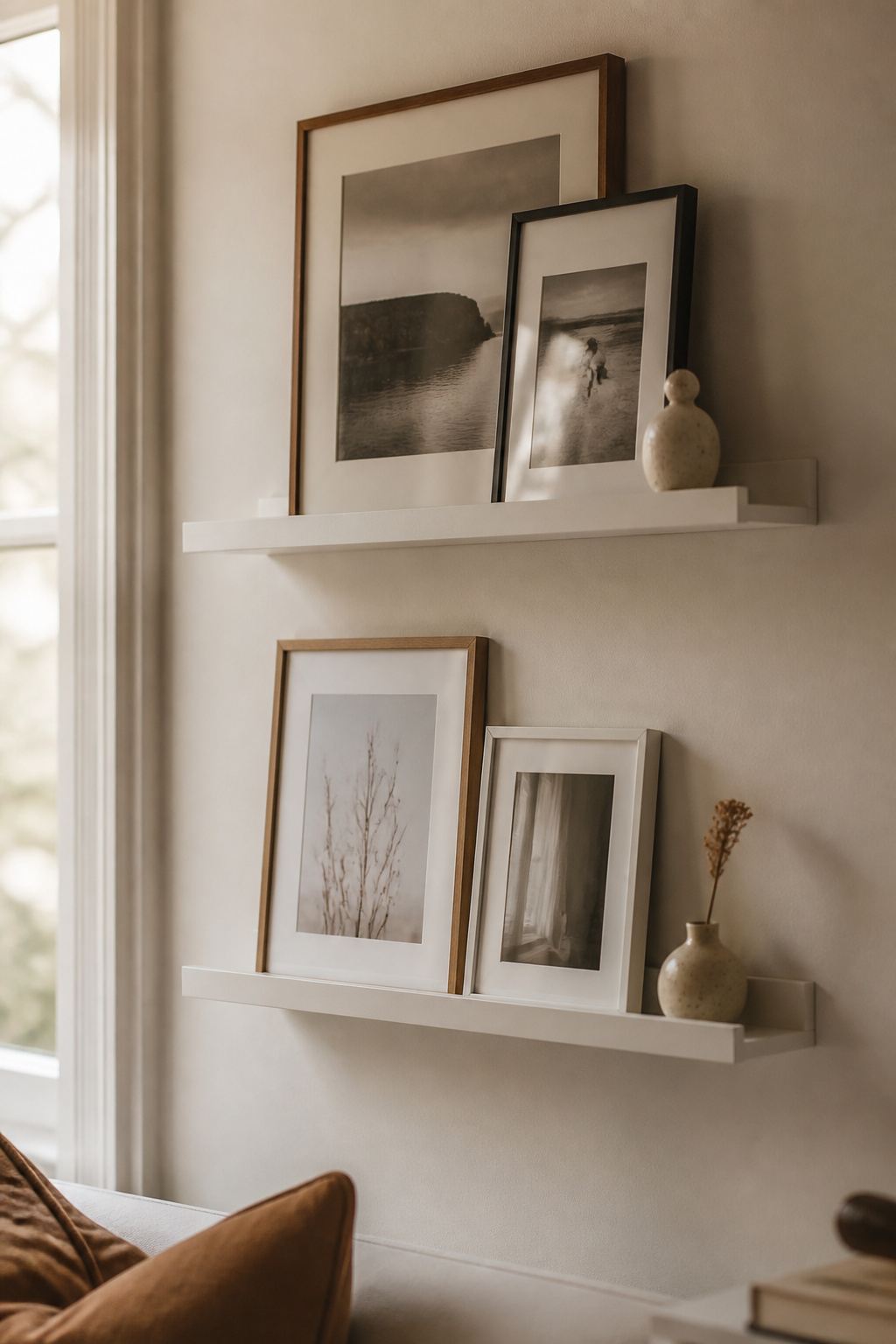 Two IKEA MOSSLANDA picture ledges on a white wall with layered frames and small objects creating a renter-friendly gallery display