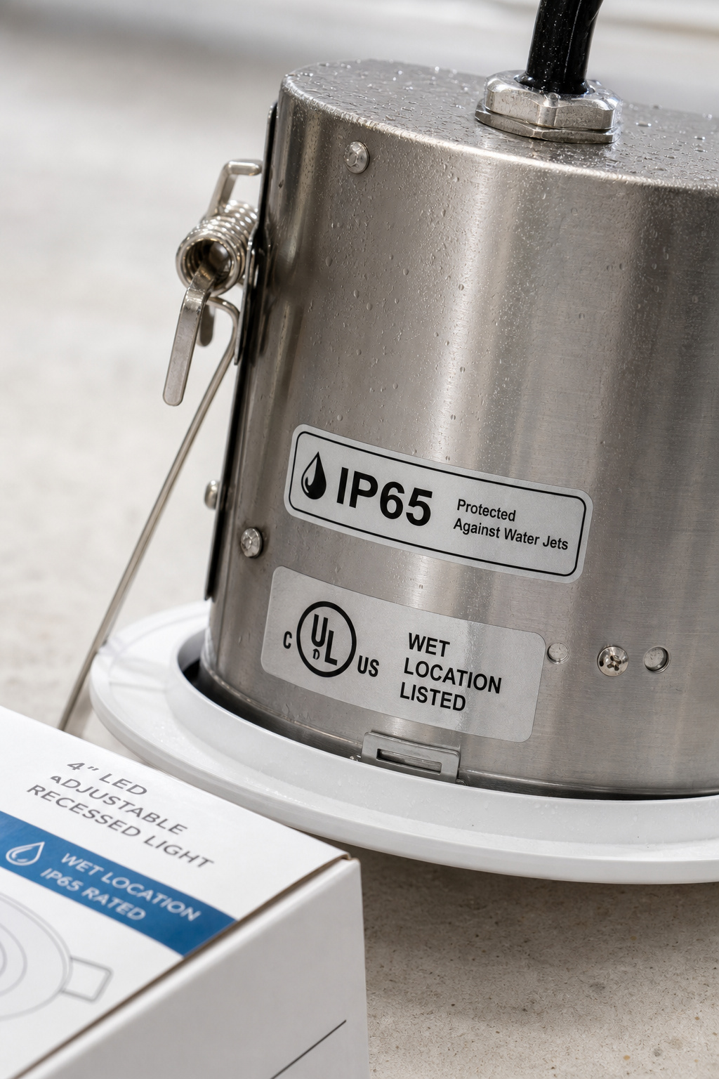 Close-up of IP65 mark and UL wet location listed label on back of a recessed bathroom light fixture housing