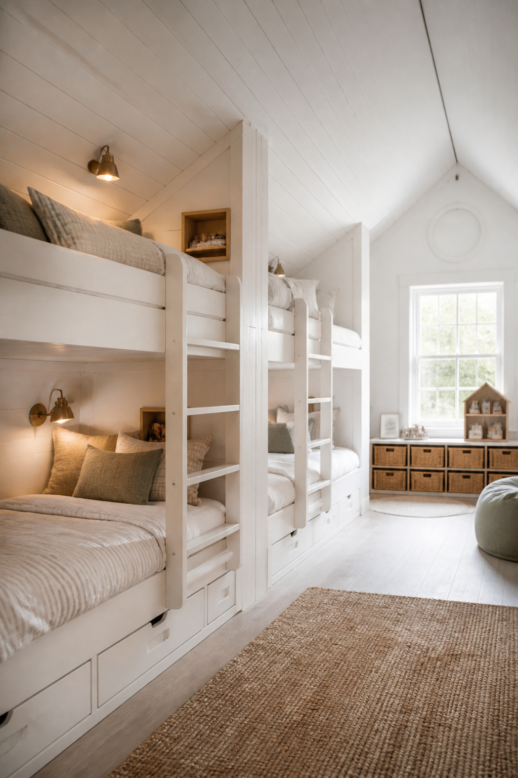 Custom built-in twin bunk beds with white timber frames tucked under a sloped attic ceiling, dressed in neutral linen bedding with a jute rug on the floor