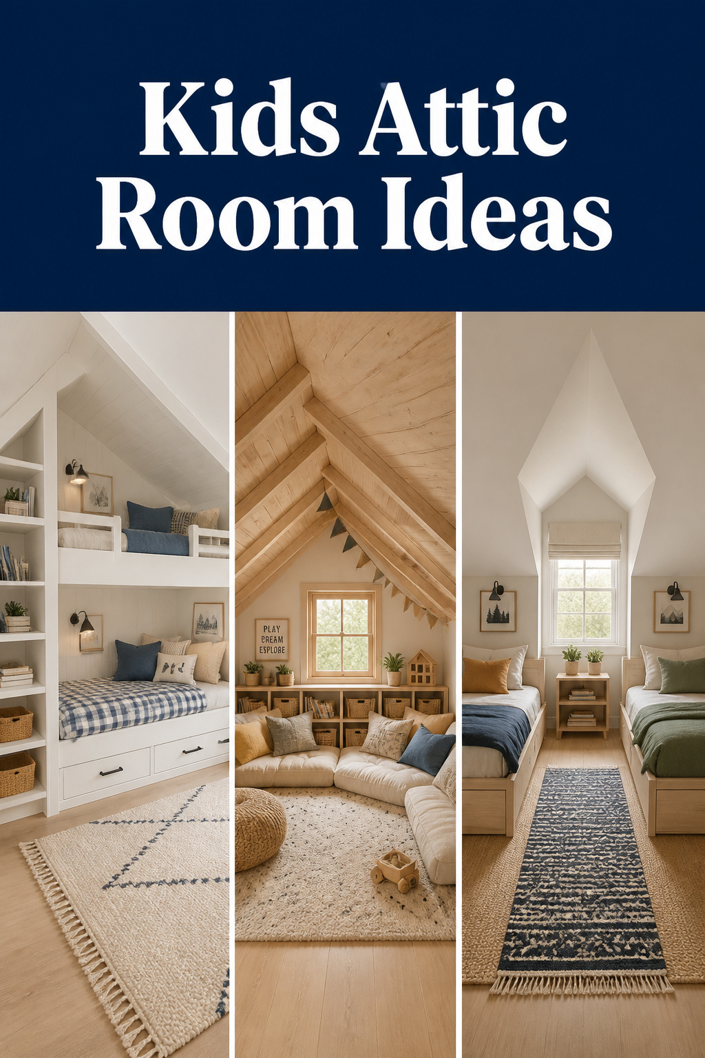 Three-panel Pinterest collage showing kids attic room ideas: built-in bunk beds under a slope, under-eave play nook, and convertible bunk beds in a dormer room