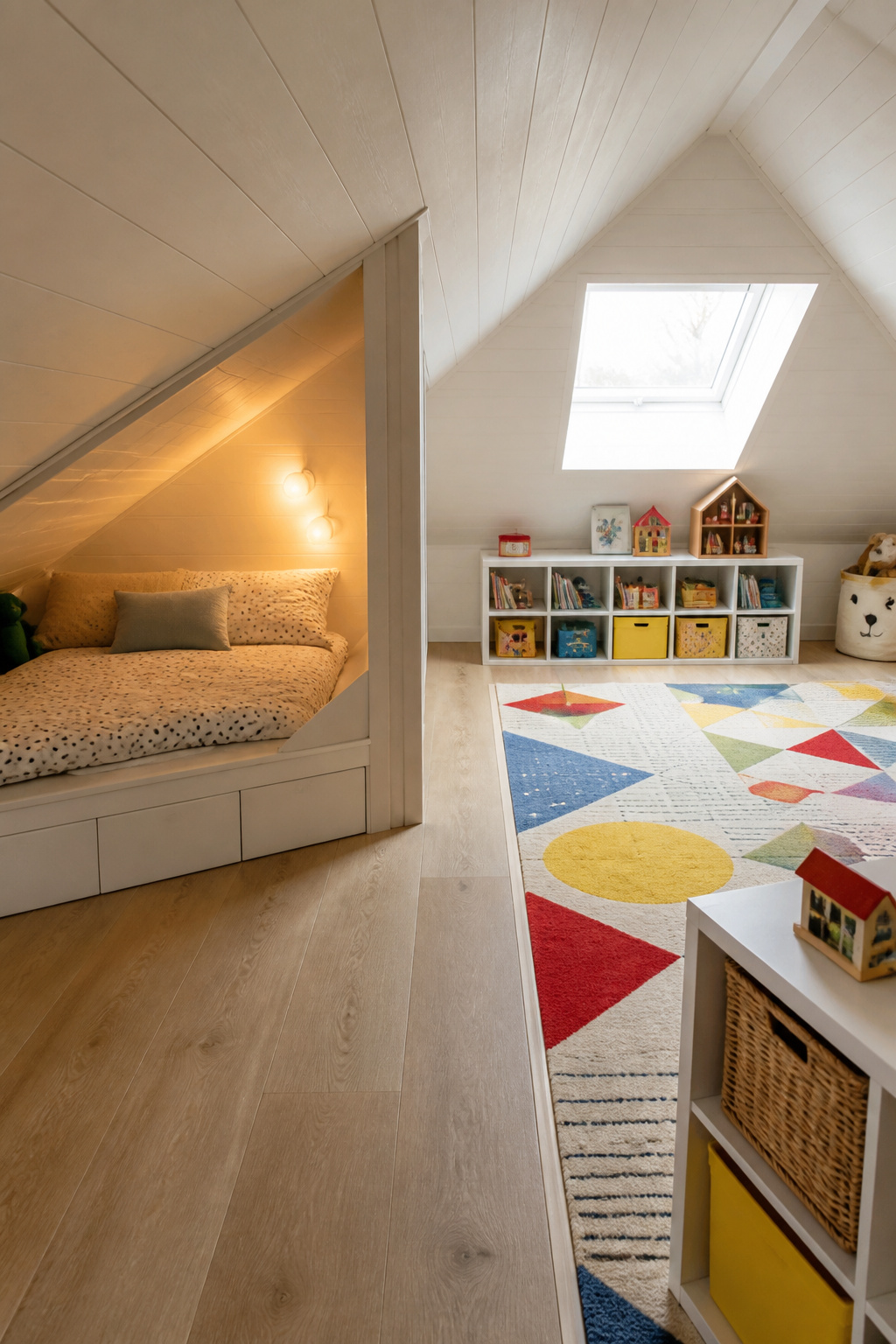 Kids attic room with a white built-in sleep alcove under the low sloped ceiling on the left and a bright play zone with a patterned rug under the tallest part of the ceiling on the right