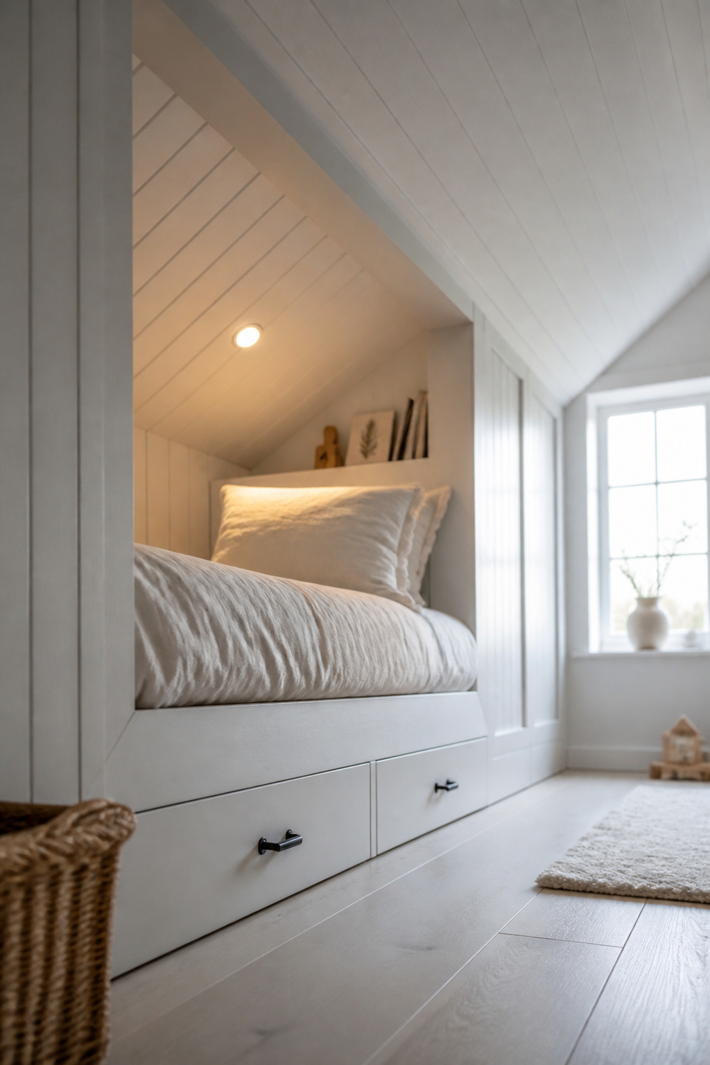 Built-in kids sleep nook with white-painted pine sloped ceiling at approximately five feet height, with soft linen pillow and a distant dormer window