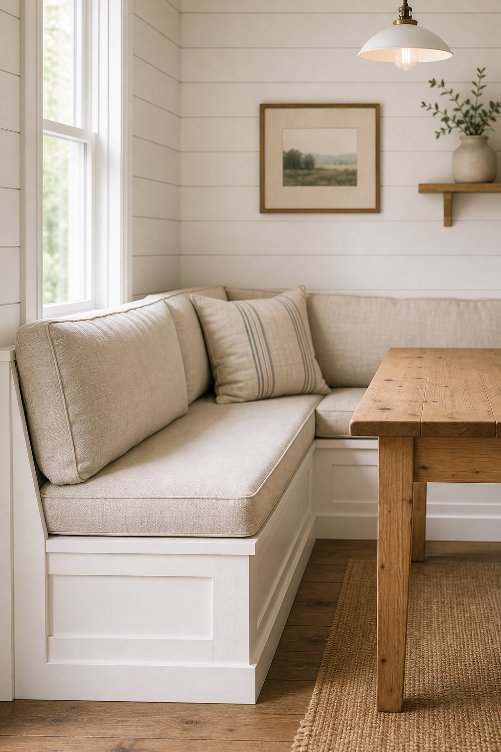 L-shaped built-in farmhouse banquette with white frame and linen cushions in a corner dining nook with shiplap walls and a small pine table