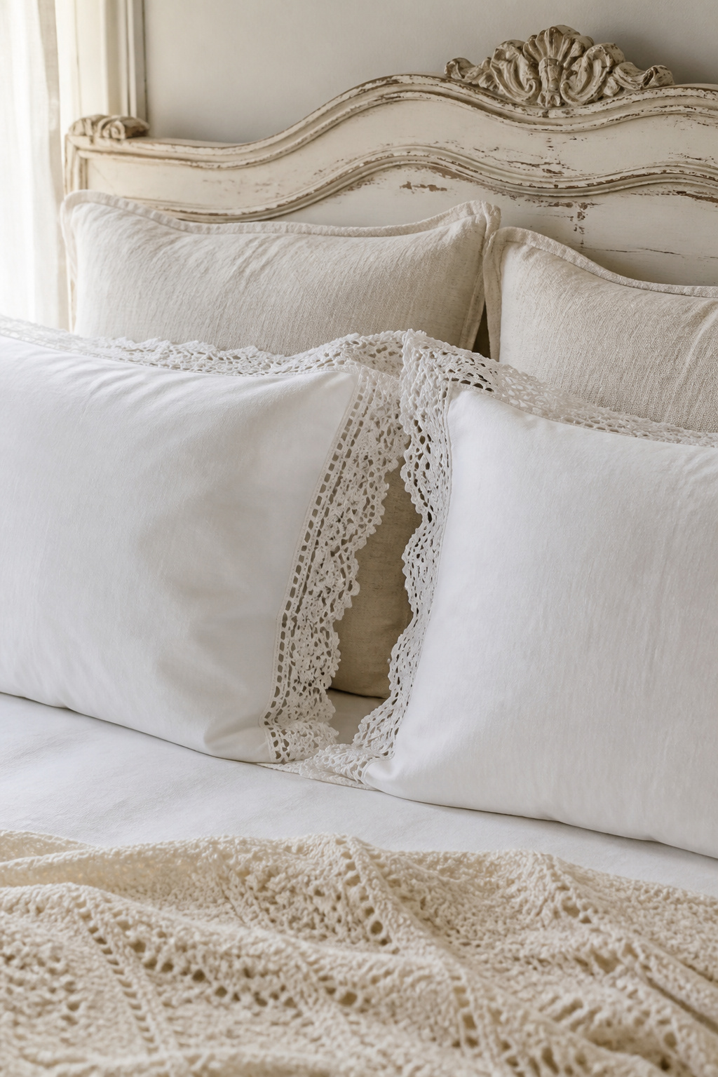 Vintage bed pillow arrangement with lace-edged pillowcases over linen Euro shams and crochet throw at the foot