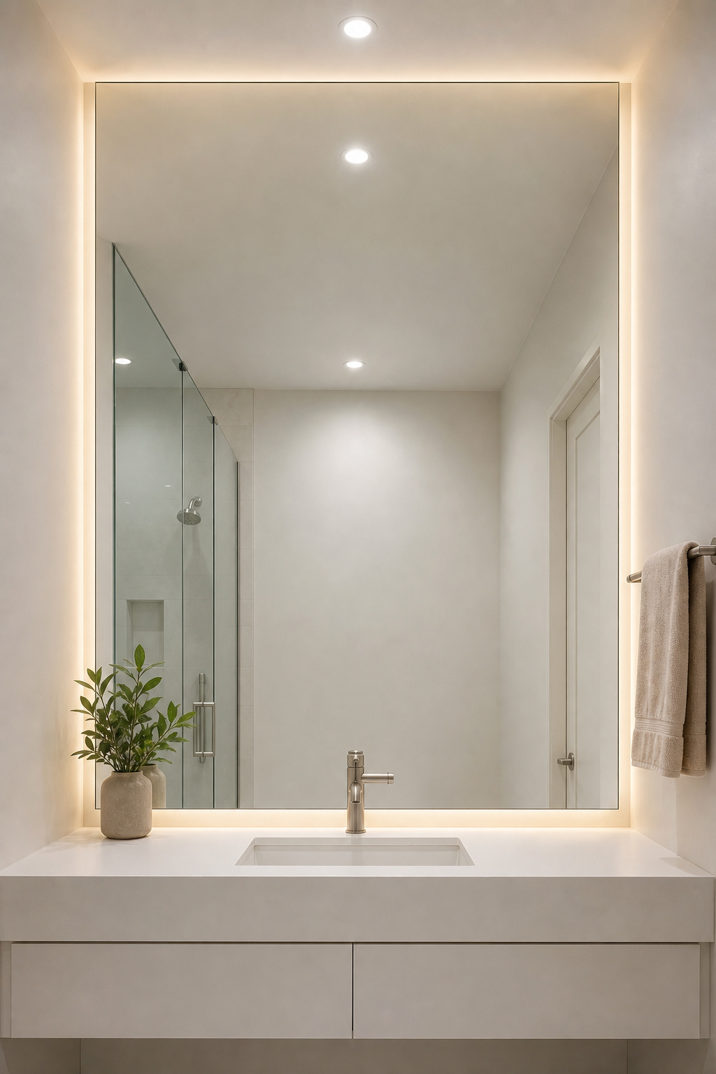 Tall frameless backlit LED mirror in small white bathroom reflecting ceiling light and distributing warm glow across the compact space