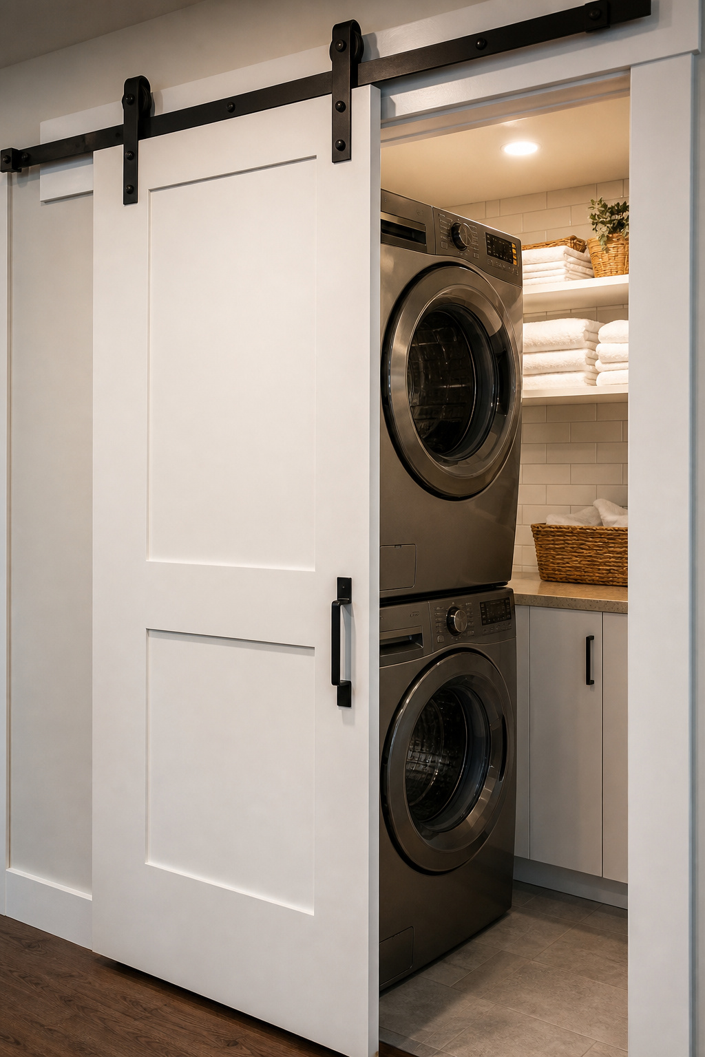 Sliding barn door on a laundry room closet with black flat-track hardware, shaker panel style, stacked washer-dryer visible behind