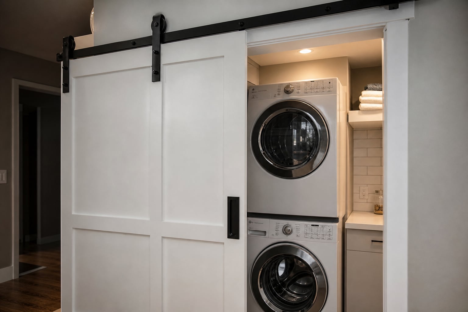 Sliding barn door on a laundry room closet with black flat-track hardware, shaker panel style, stacked washer-dryer visible behind