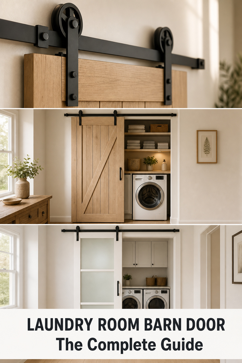Pinterest collage showing three laundry room barn door styles — hardware close-up, farmhouse plank door, and frosted glass slider
