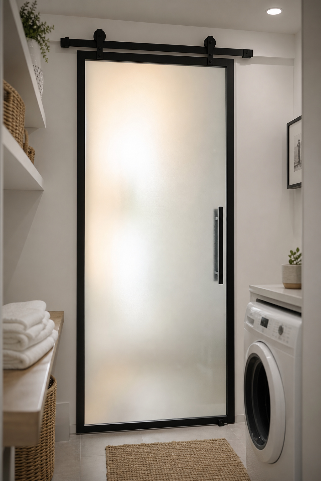 Frosted glass sliding barn door closed in a white laundry room, soft daylight glowing through the panel from the hallway beyond