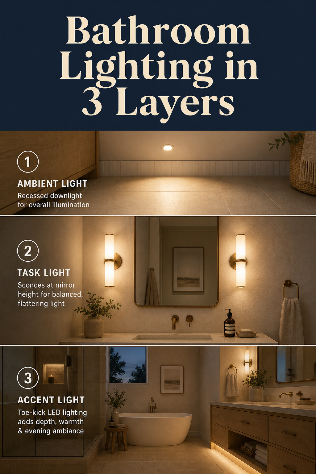 Three-panel Pinterest pin showing recessed ambient lighting, vanity task lighting and evening accent glow in a layered bathroom