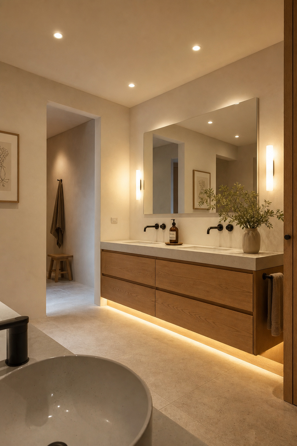 Bathroom with layered lighting showing recessed ceiling downlights, vanity sconces at mirror height, and soft toe-kick accent glow