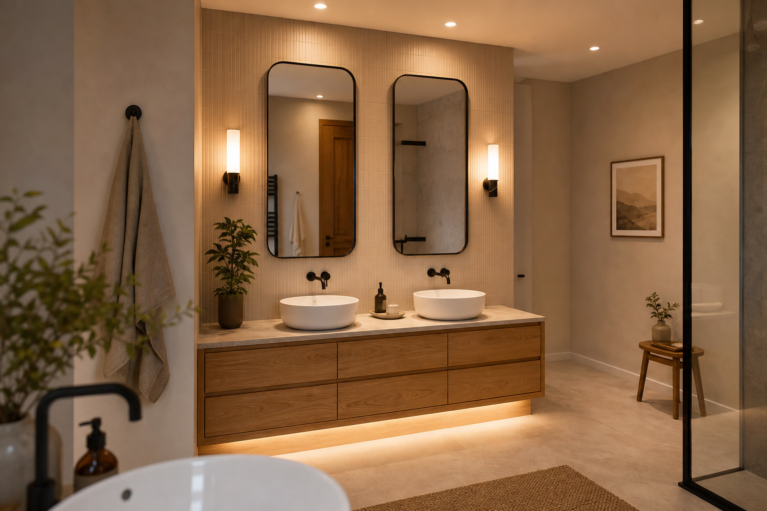 Bathroom with layered lighting showing recessed ceiling downlights, vanity sconces at mirror height, and soft toe-kick accent glow