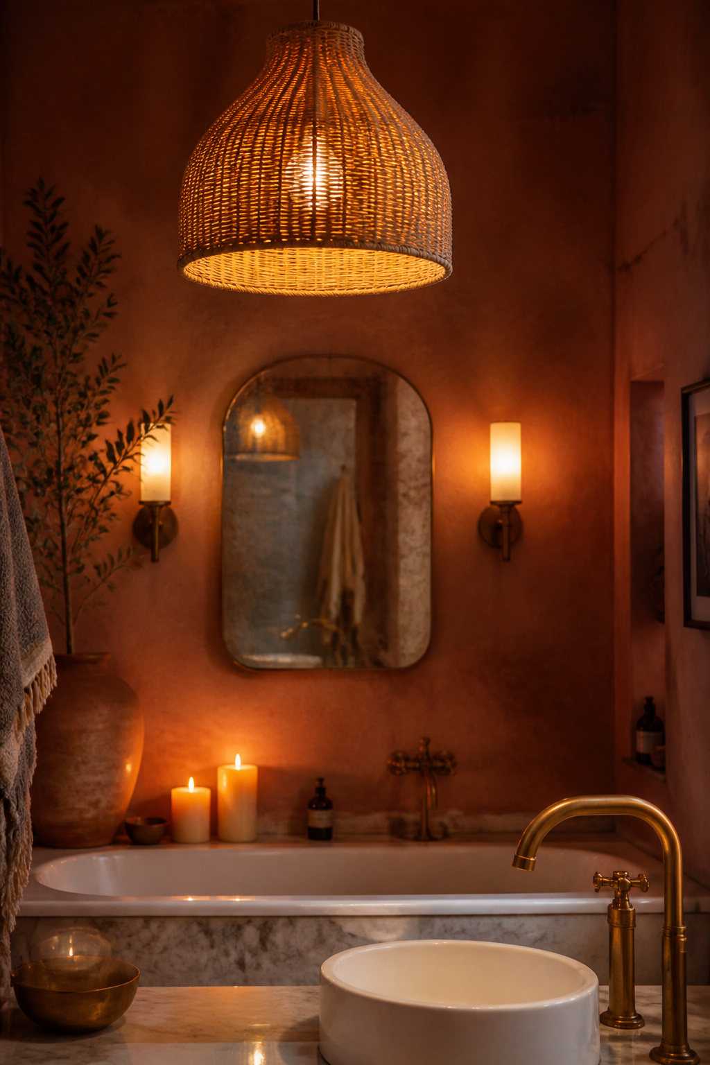 Boho bathroom interior with three layers of warm lighting active: rattan pendant overhead, flanking wall sconces at mirror height and pillar candles on the bath ledge