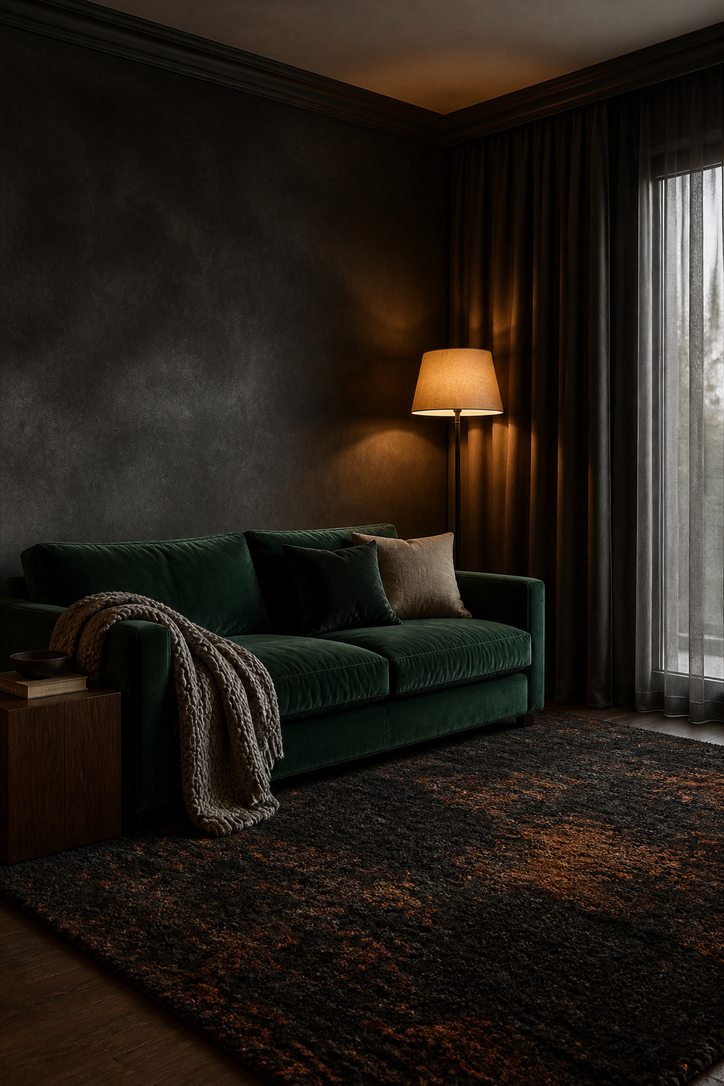 Complete moody living room showing texture layering from thick pile wool rug to velvet sofa to linen curtains to dark limewash walls — floor to ceiling assembly guide