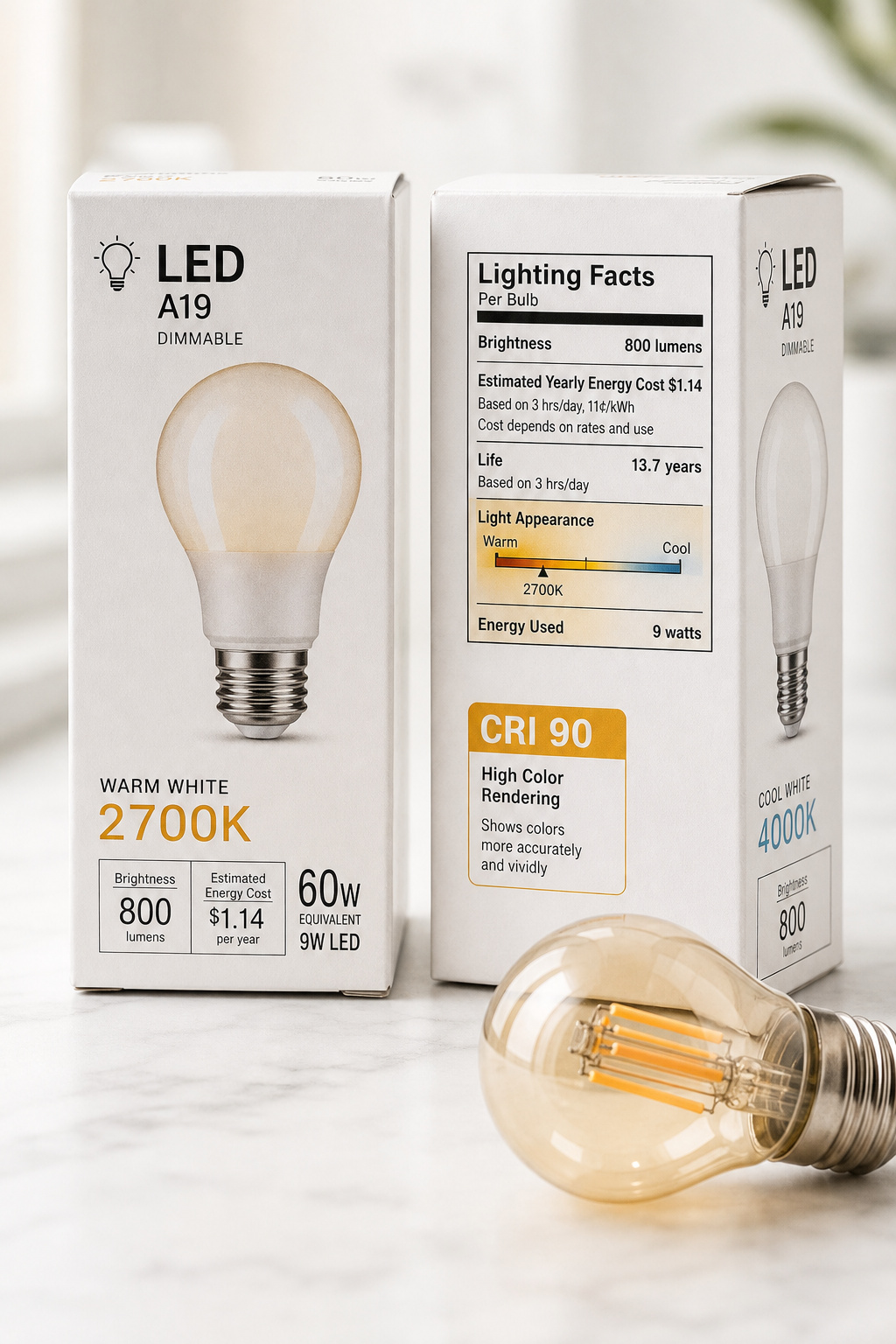 Two LED light bulb boxes showing Kelvin temperature and CRI ratings on the packaging, illustrating how to read the three key numbers when buying bathroom bulbs
