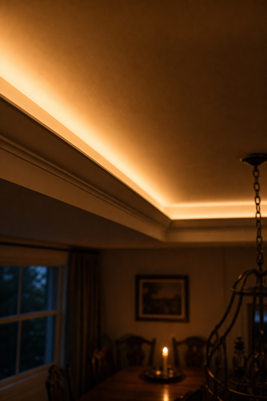 LED cove strip positioned 3 inches behind tray ceiling lip casting warm 2700K light upward across dark navy recessed centre field in a formal dining room at dusk