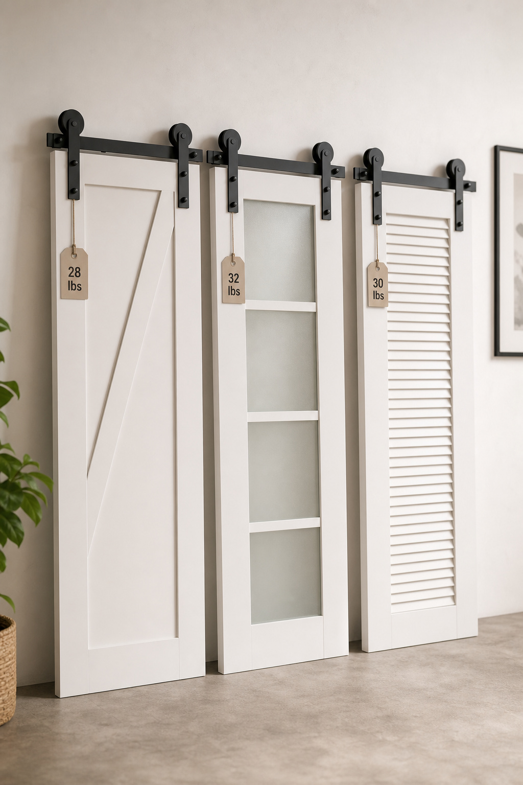 Three lightweight barn door panels side by side — primed MDF hollow-core, frosted glass hollow-core, and louvered hollow-core — all under 35 lbs and compatible with renter install methods