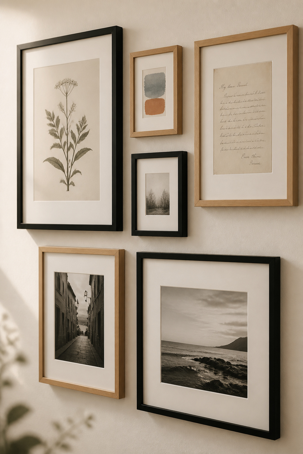 Close-up of a cohesive mixed-frame gallery wall showing deliberate 70-30 black and oak frame ratio with consistent warm-white matting