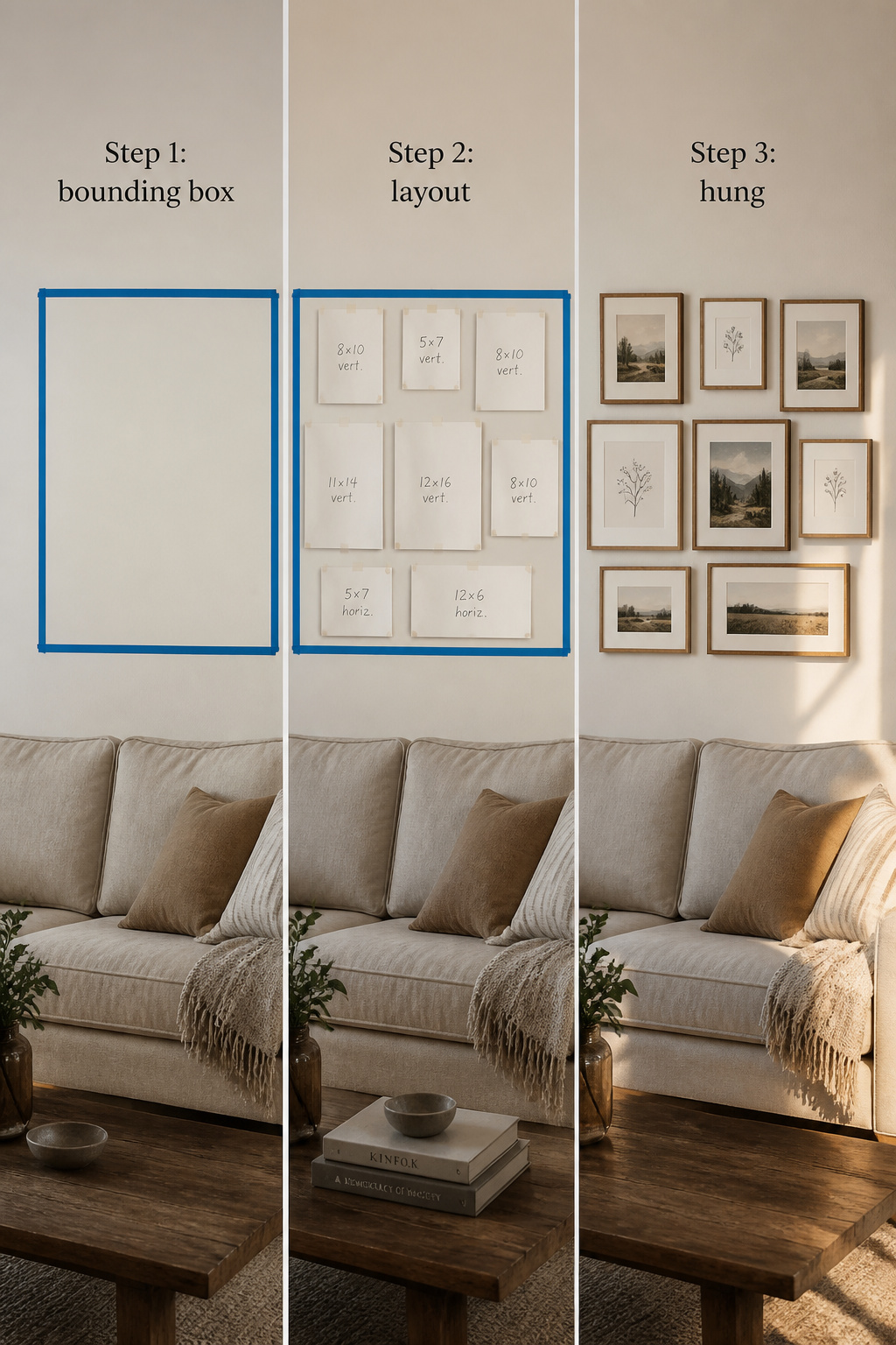 Three-stage process for creating a living room gallery wall — bounding box, paper template layout, and finished hung arrangement