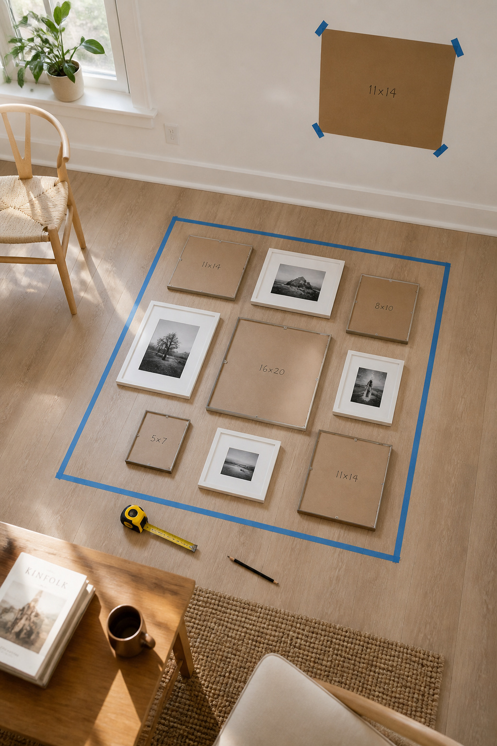 Gallery wall frames laid out on the floor in a salon arrangement within a painter's tape outline, with paper templates visible for wall hanging