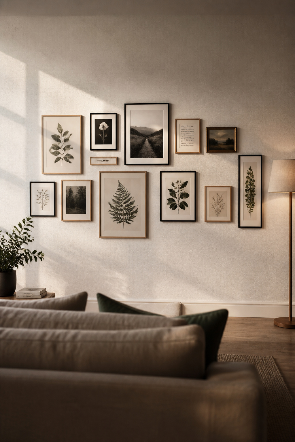 Salon-style living room gallery wall above a natural linen sofa, with mixed black and oak frames at the 57-inch centre height
