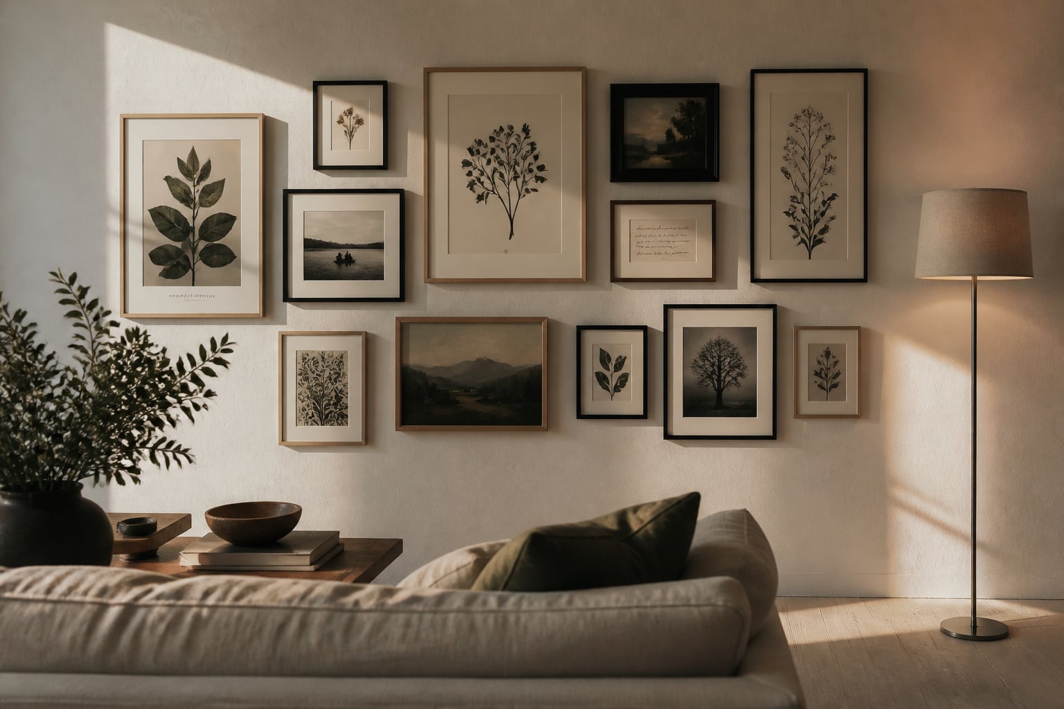 Salon-style living room gallery wall above a natural linen sofa, with mixed black and oak frames at the 57-inch centre height