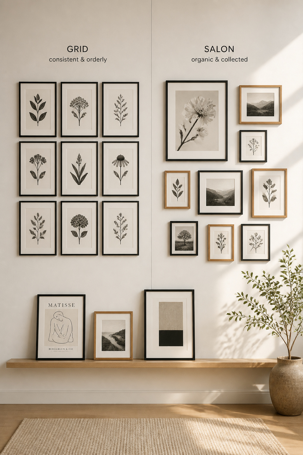 Side-by-side comparison of grid, salon, and ledge gallery wall layout types on a white wall