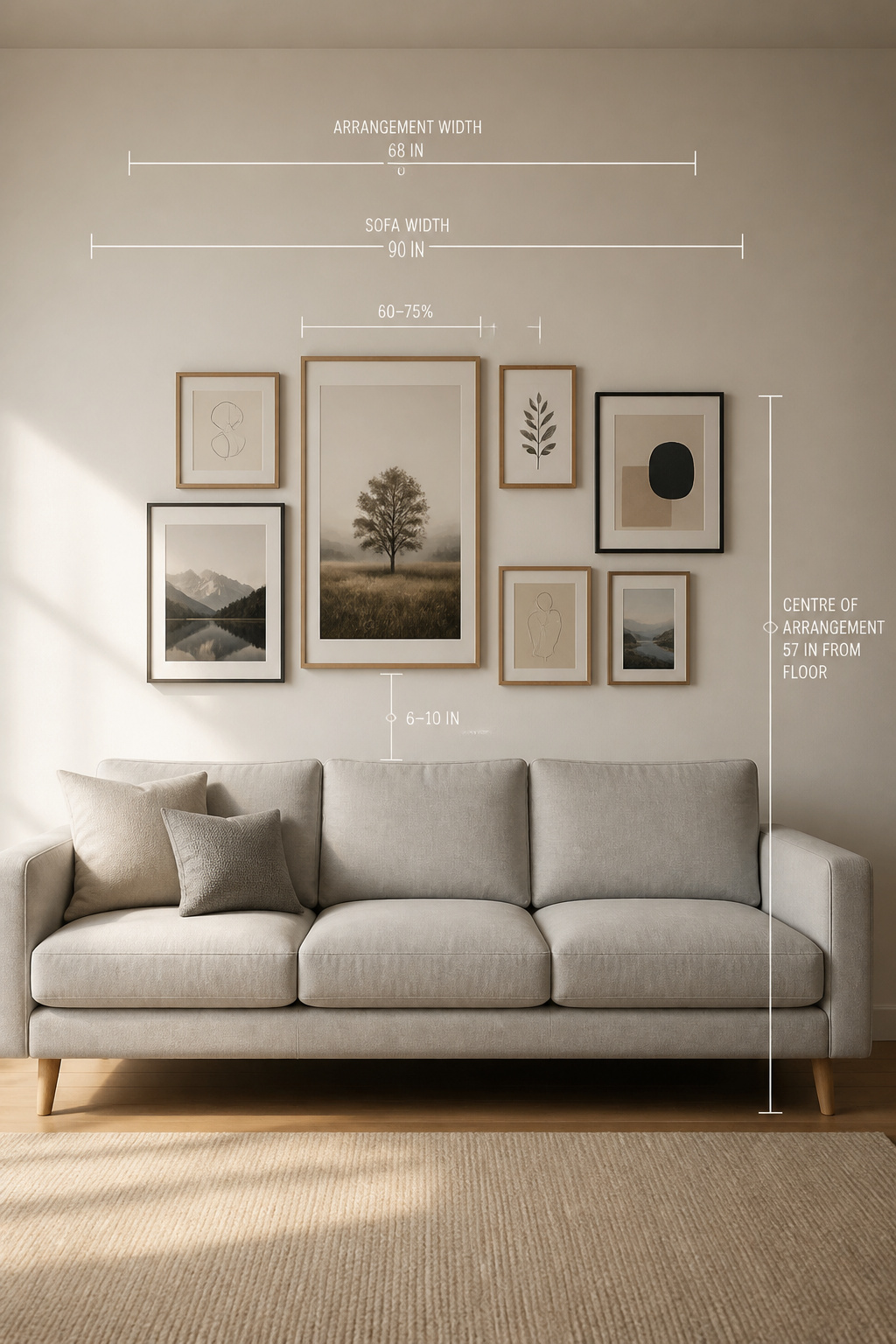 Measurement diagram showing the 57-inch centre height, 60 to 75 percent sofa width, and 6 to 10 inch clearance rules for a gallery wall above a sofa