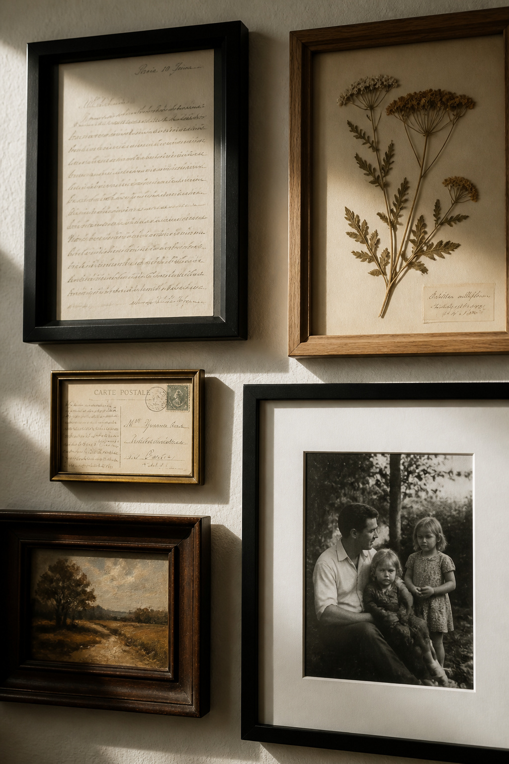 Close detail of a memento gallery wall with framed letters, pressed flowers, vintage postcards and a family photograph