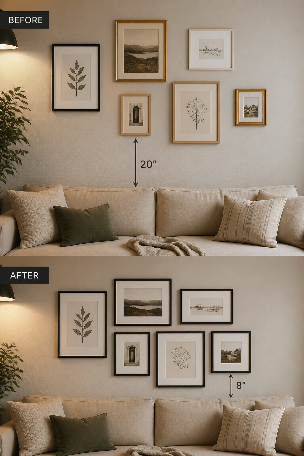 Before and after comparison showing gallery wall mistakes corrected — art lowered to correct height, frames unified with white mats and consistent black finish