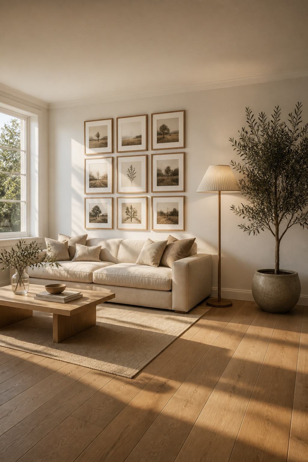 Living room showing gallery wall above sofa in full room context, balanced by a floor lamp and tall plant on the opposite side