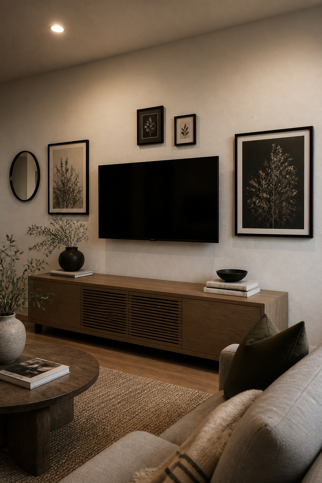 Gallery wall with TV positioned asymmetrically off-centre, surrounded by botanical prints and photographs in matching matte-black frames