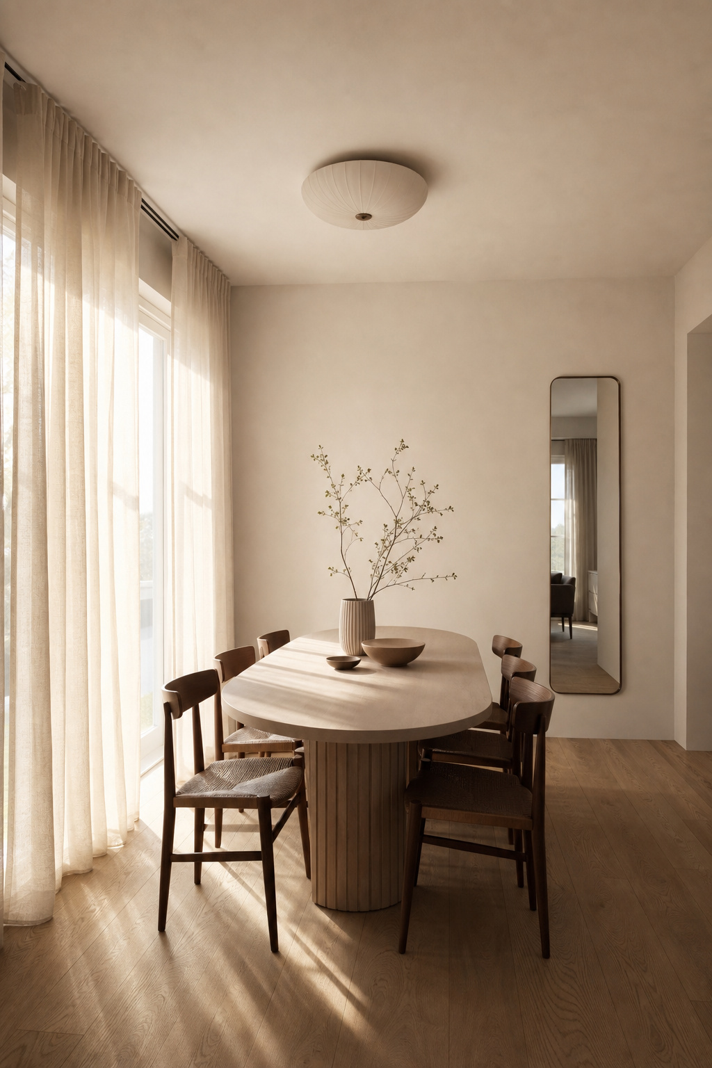 Dining room with walls and ceiling in the same pale white — colour drenching technique with floor-to-ceiling curtains for visual height