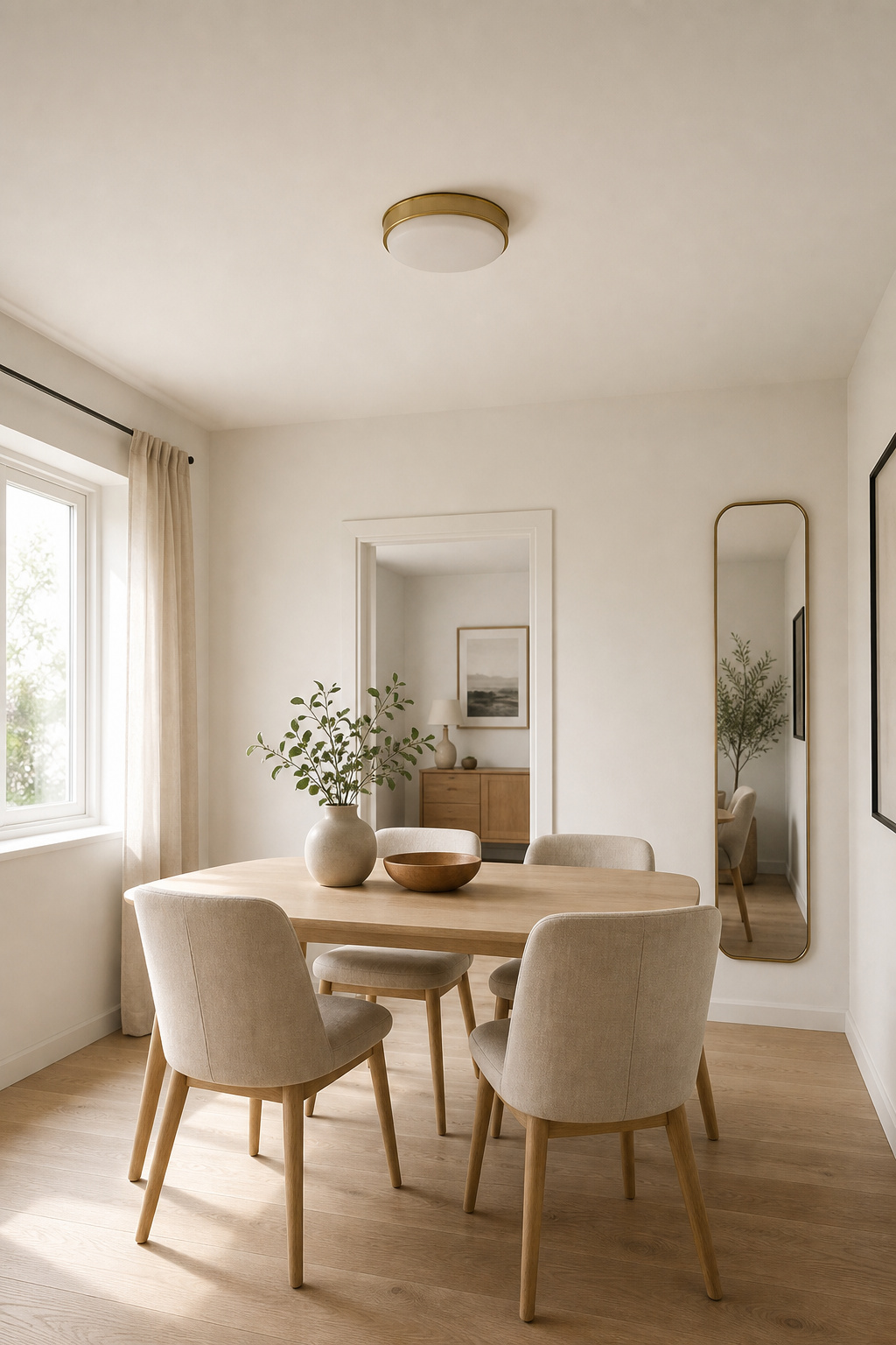 Compact Scandinavian dining room with low ceiling painted the same warm white as the walls, flush mount brass light, and a tall mirror