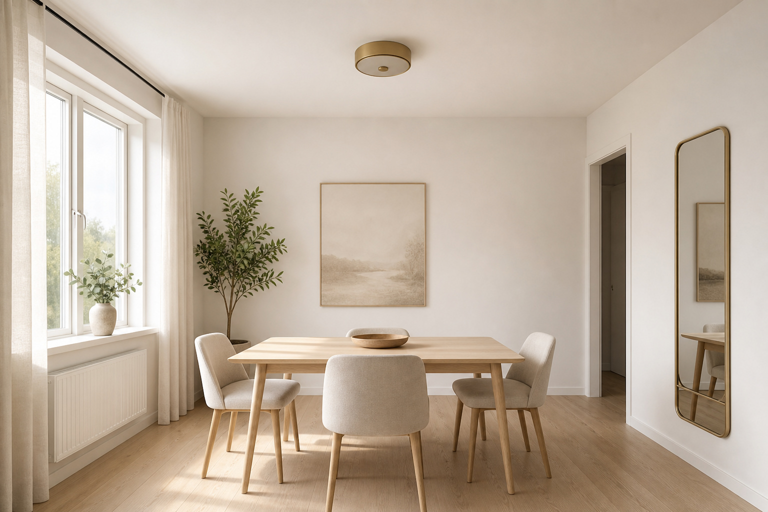 Compact Scandinavian dining room with low ceiling painted the same warm white as the walls, flush mount brass light, and a tall mirror