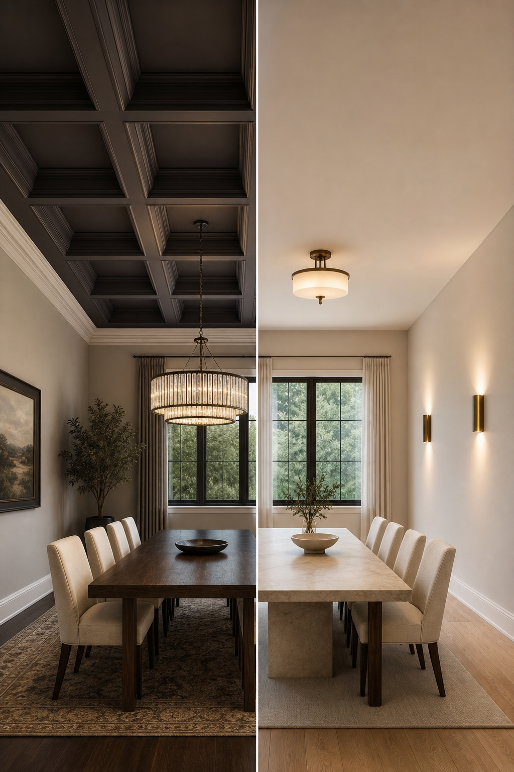 Side-by-side comparison: low-ceiling dining room with deep coffers and low pendant (wrong) versus flush fitting and colour-drenched ceiling (right)