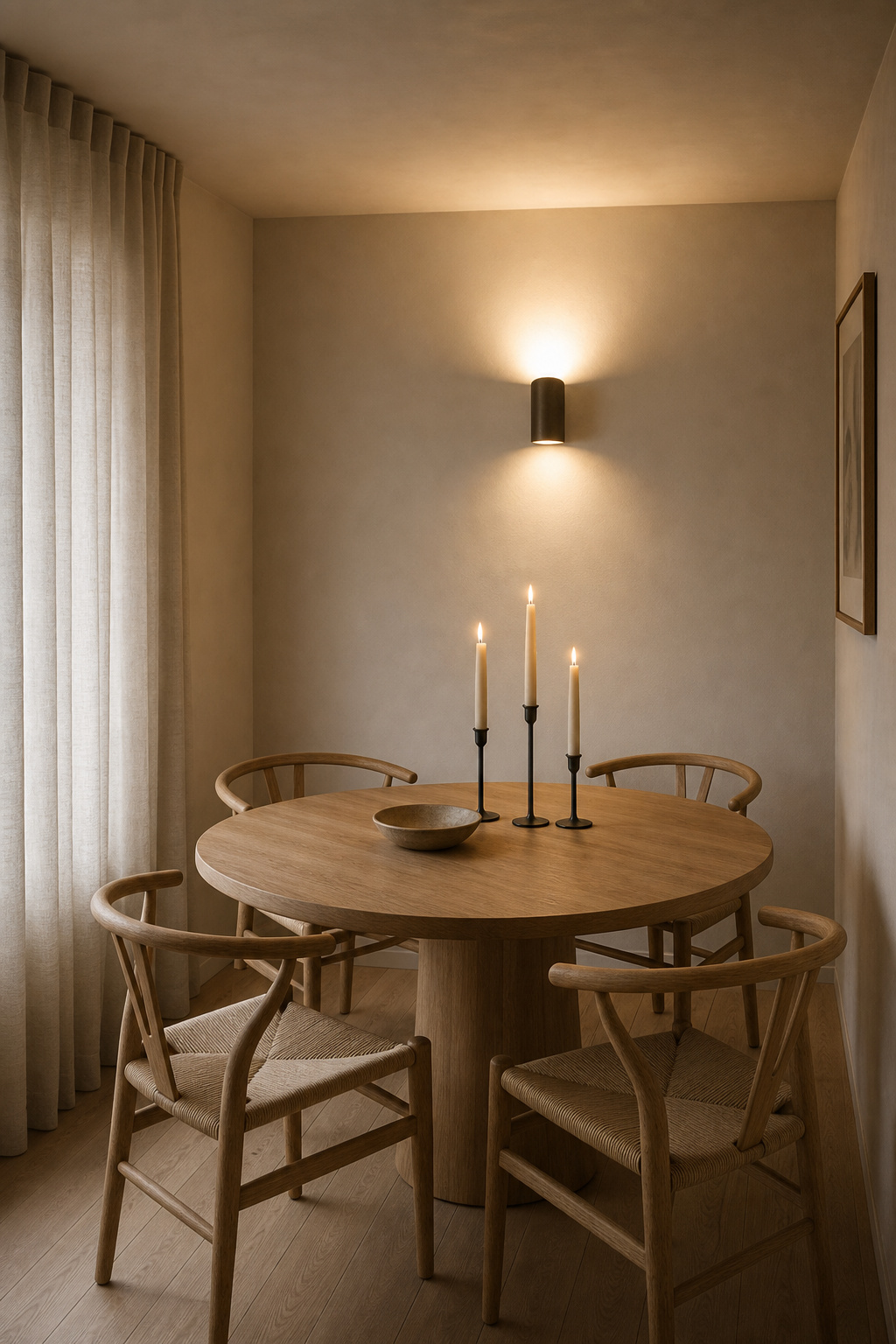 Intimate low-ceiling Nordic dining nook with candles and wall sconce uplighting — hygge atmosphere in a 7.5-foot ceiling room