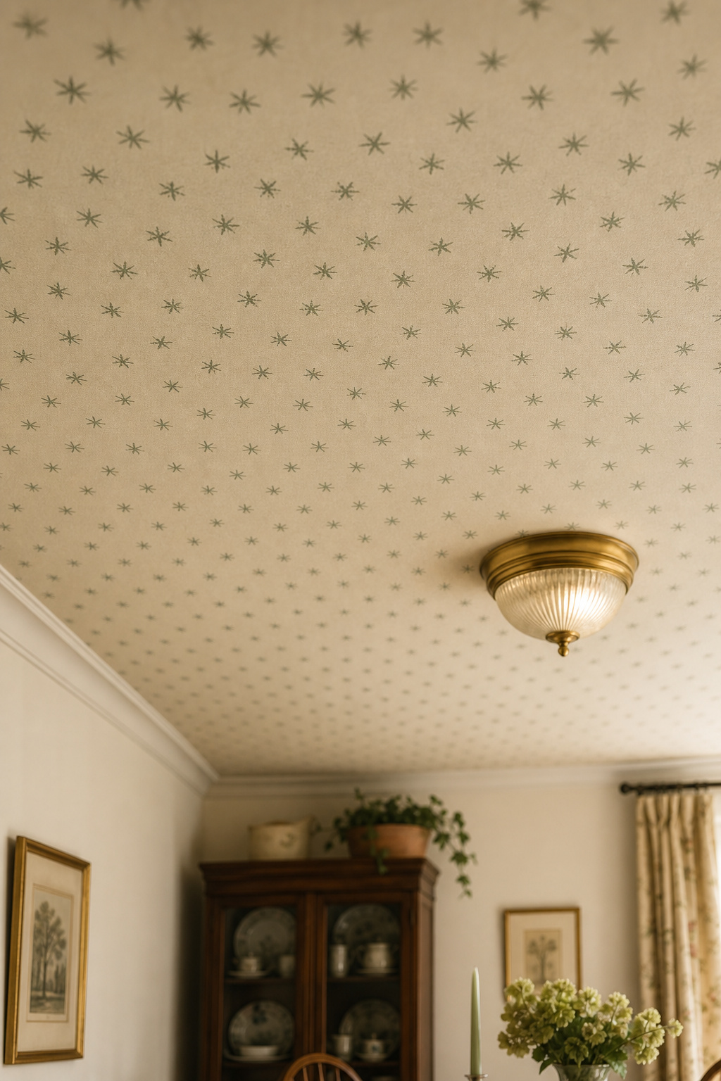 Low dining room ceiling covered with a pale oatmeal wallpaper featuring a tiny repeated sage star motif, with white picture rail below and warm plaster walls