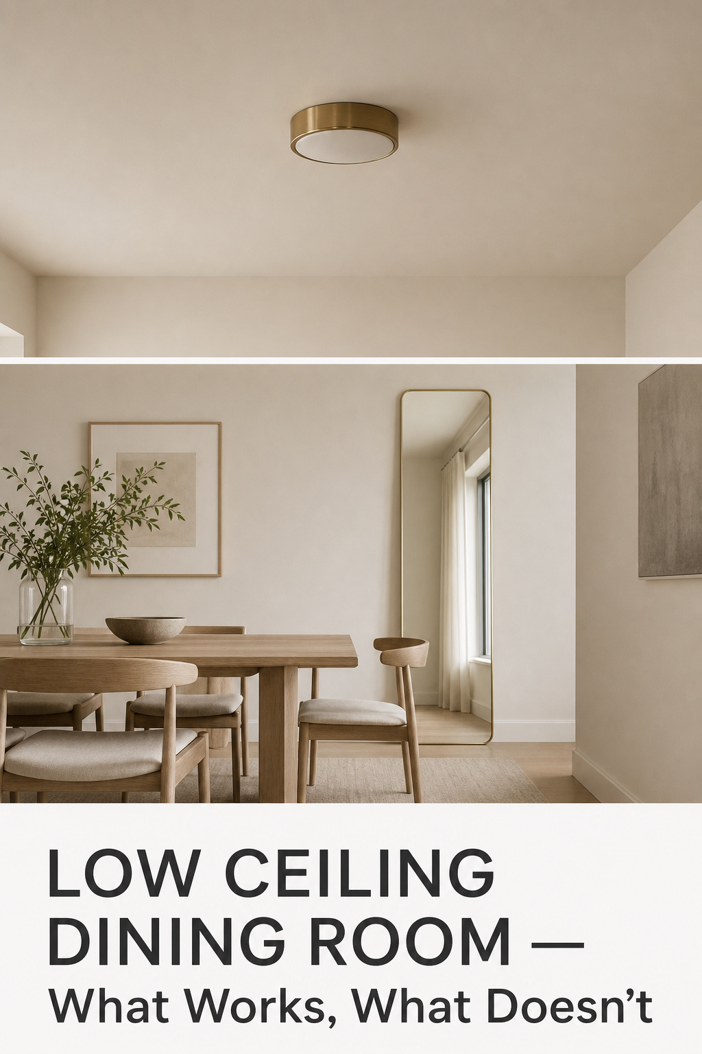 Pinterest collage: low ceiling dining room design — colour drench, flush fittings, and vertical emphasis tips