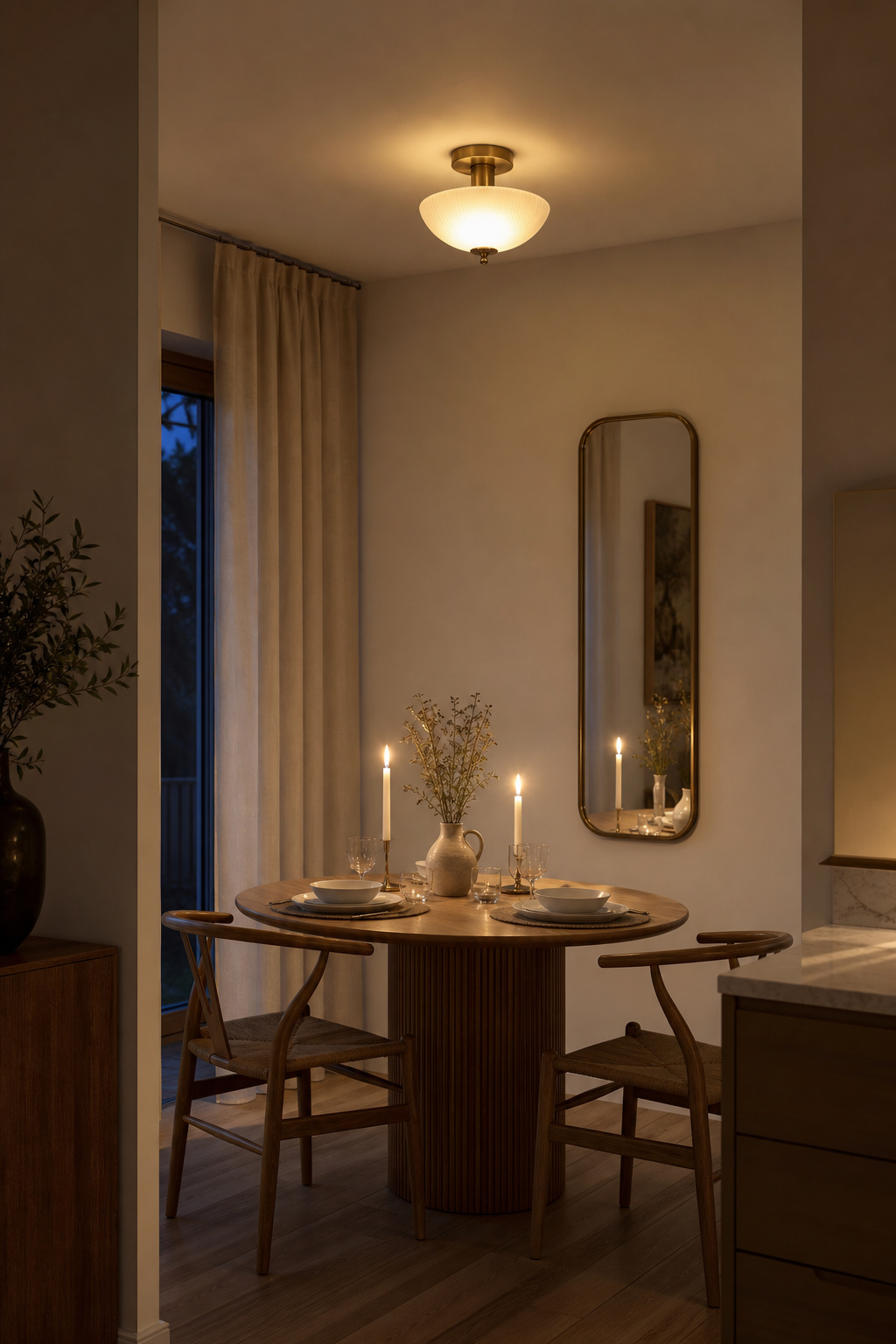 Resolved low-ceiling dining room with candles, matched wall-ceiling colour, and semi-flush fitting — deliberately intimate, not cramped