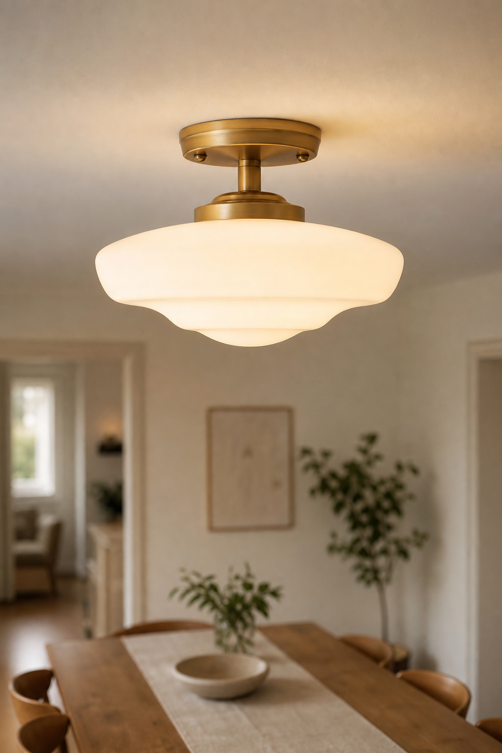 Brass semi-flush fitting in a low-ceiling dining room — decorative impact without the clearance problem of a chandelier