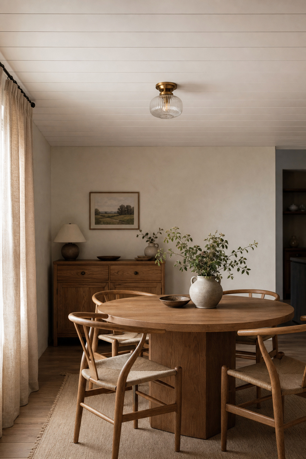 White-painted planked ceiling in a low dining room — horizontal boards become invisible when painted pale, adding texture without lowering the eye
