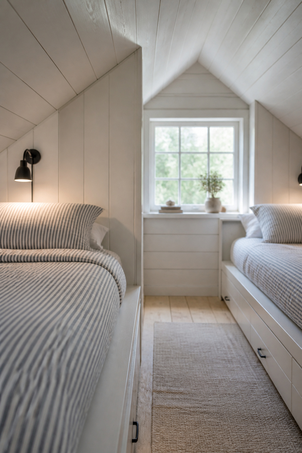 Two white-painted built-in twin bunk beds running parallel to the attic ridge under a sloped white pine ceiling, with a gable window at the far end
