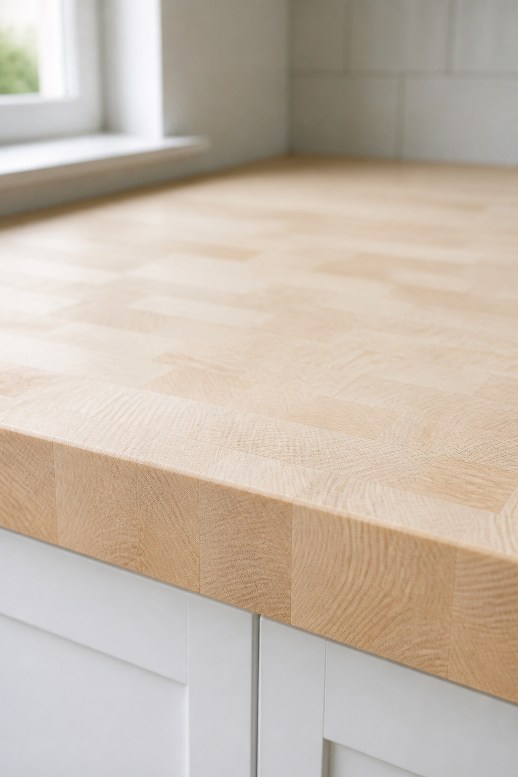 Close-up of a pale hard maple edge-grain butcher block countertop showing the tight fine grain under natural light in a Scandinavian kitchen