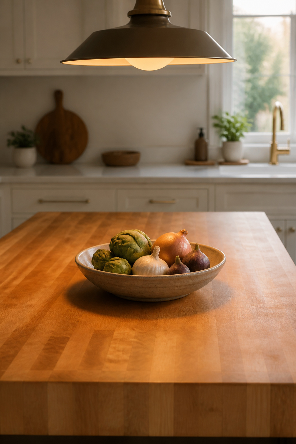 Maple edge-grain butcher block kitchen island with warm pendant light overhead in a Scandinavian-style kitchen