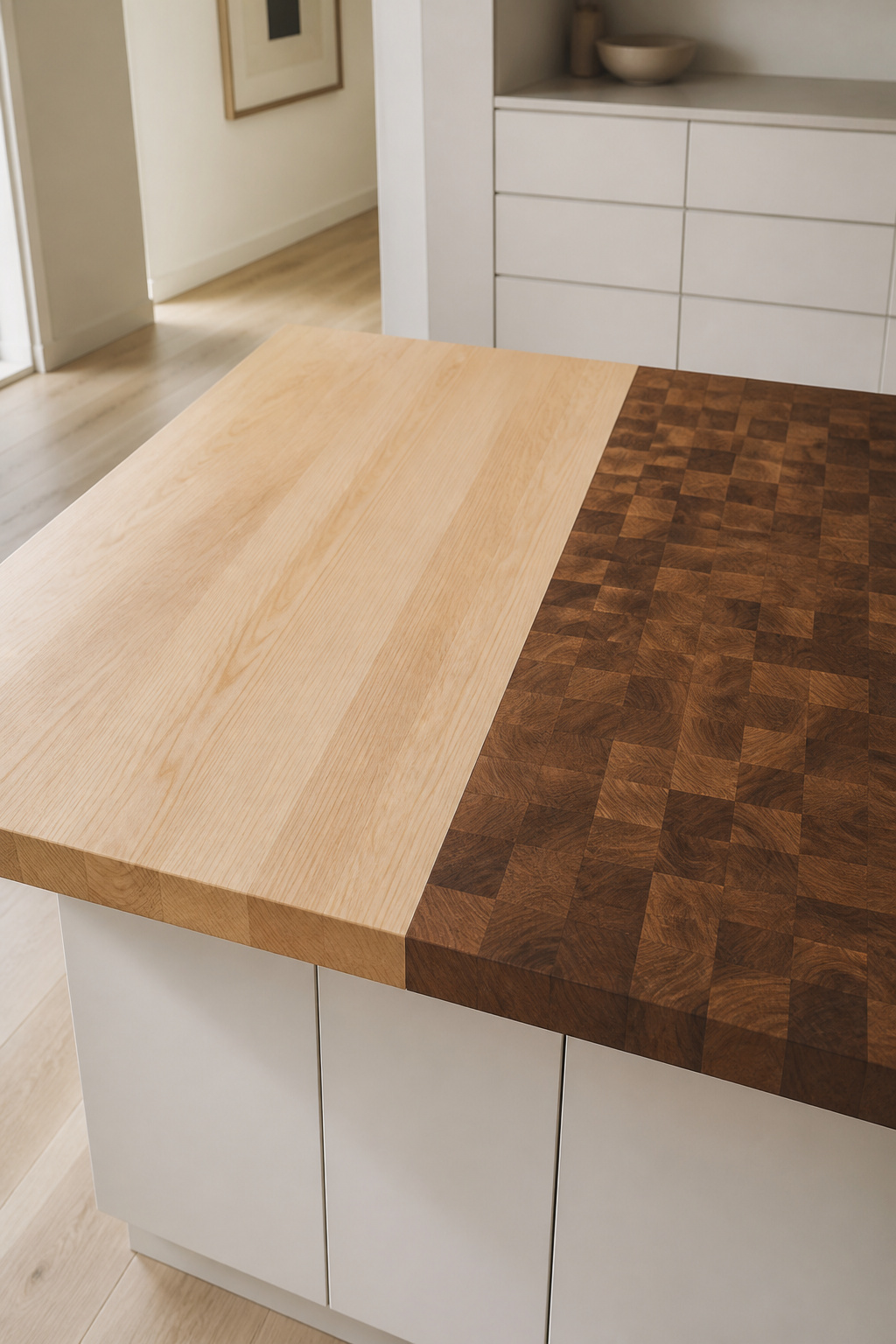 Kitchen island top combining pale maple edge grain countertop on the left with dark walnut end grain butcher block on the right, showing two species and two construction types