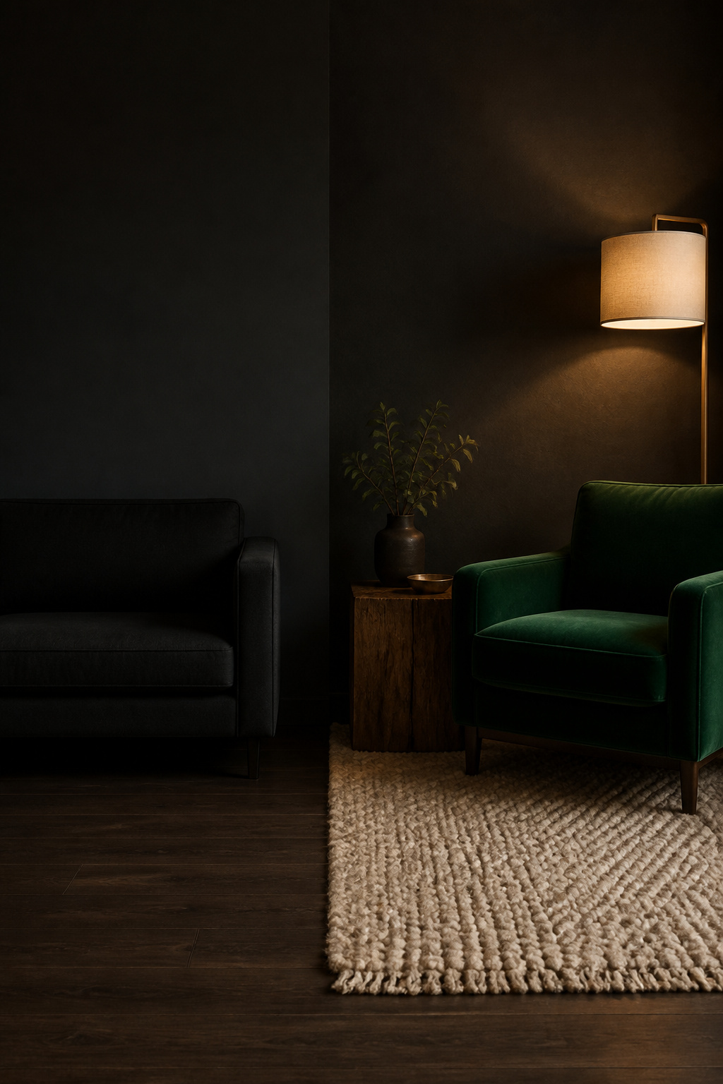 Side-by-side moody living room comparison showing flat dark surfaces versus layered velvet, wood and wool textures under warm lamp light